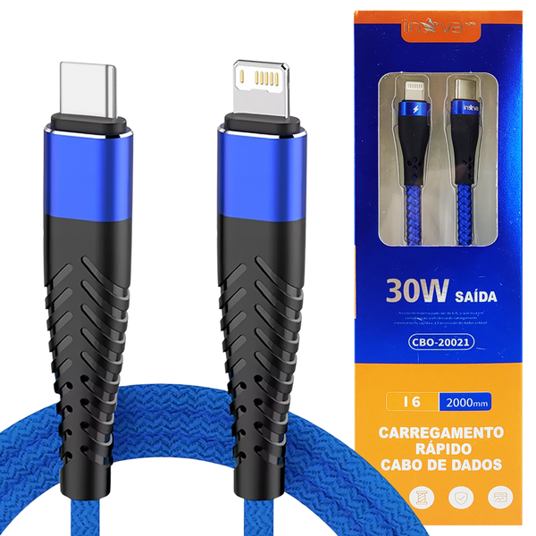 Cabo Carregador 30W Turbo 2 Metros Tipo Reforçado em Nylon para iPhone - Inova CBO-20017