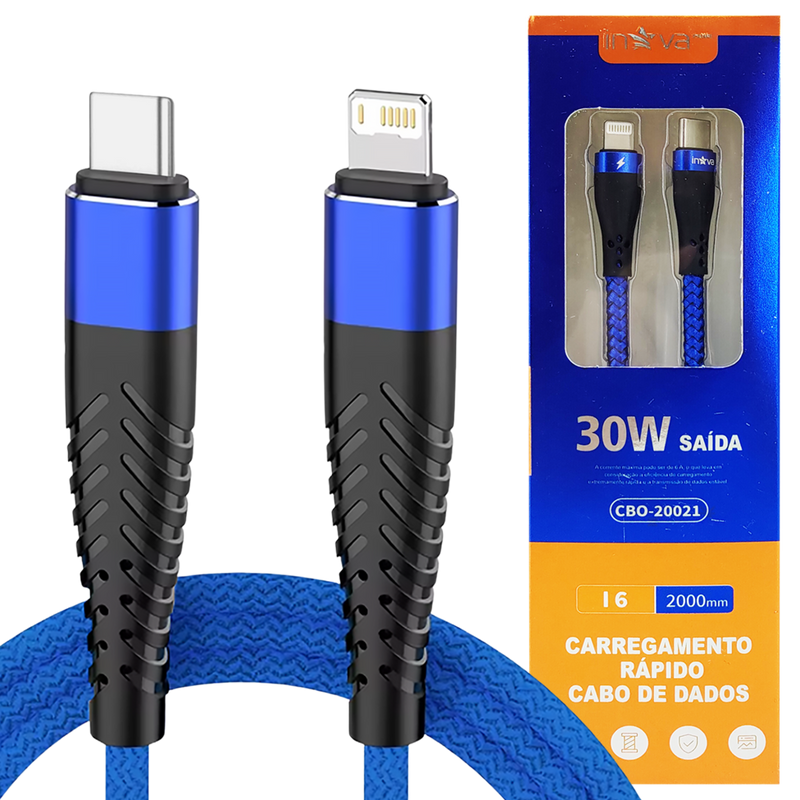 Cabo Carregador 30W Turbo 2 Metros Tipo Reforçado em Nylon para iPhone - Inova CBO-20017