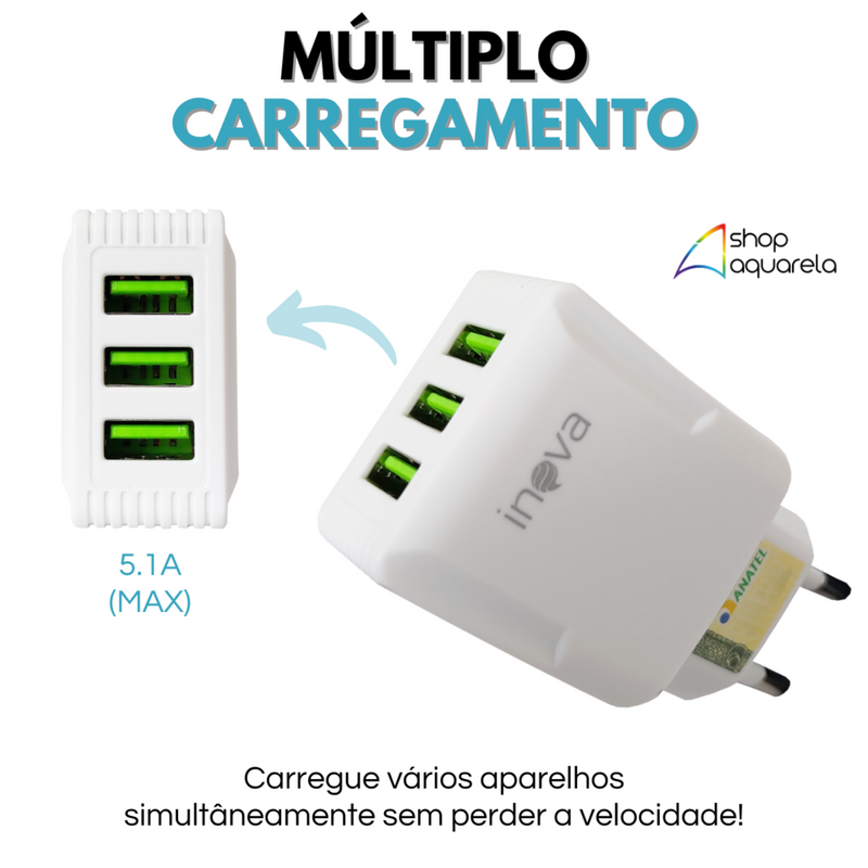 Fonte Carregador Rápido 5.1A 3 Portas USB Branca - Inova CAR-9916F