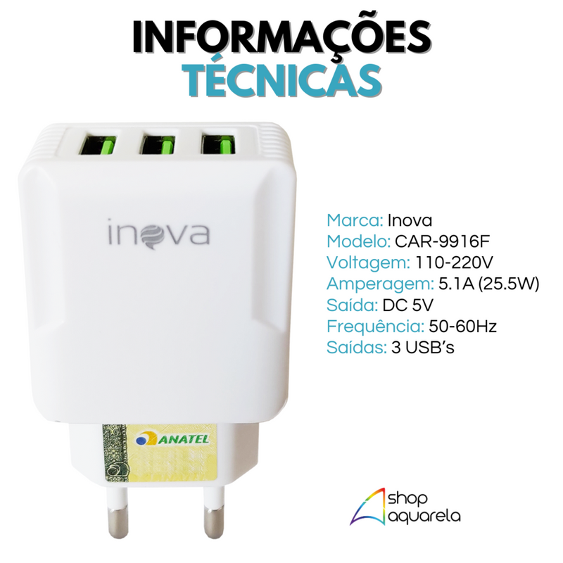 Fonte Carregador Rápido 5.1A 3 Portas USB Branca - Inova CAR-9916F