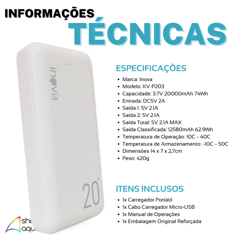 Carregador Portátil Power Bank 20000mAh 2 Portas USB Branco - Inova KV-P203