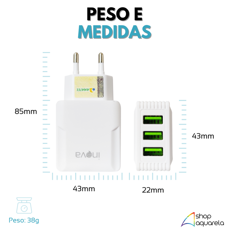 Fonte Carregador Rápido 5.1A 3 Portas USB Branca - Inova CAR-9916F