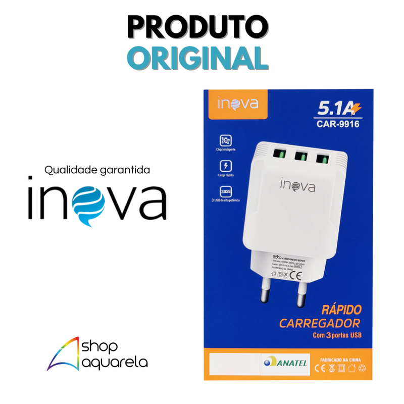 Fonte Carregador Rápido 5.1A 3 Portas USB Branca - Inova CAR-9916F