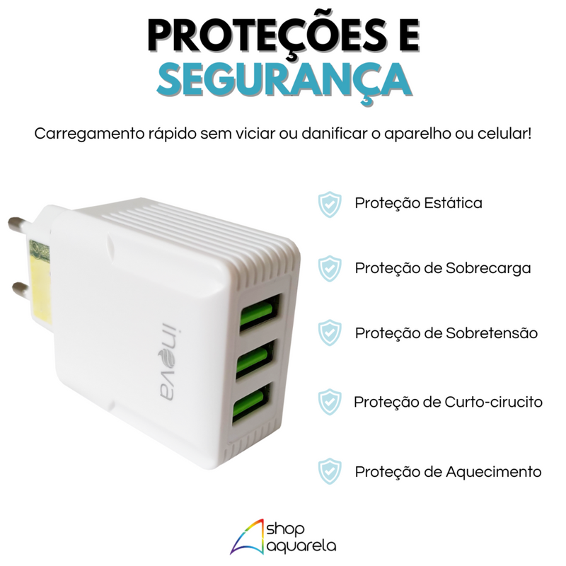 Fonte Carregador Rápido 5.1A 3 Portas USB Branca - Inova CAR-9916F