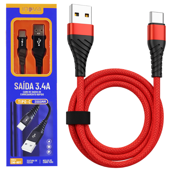 Cabo Carregador Rápido 3.4A 2 Metros USB Tipo C - Inova CBO-6011