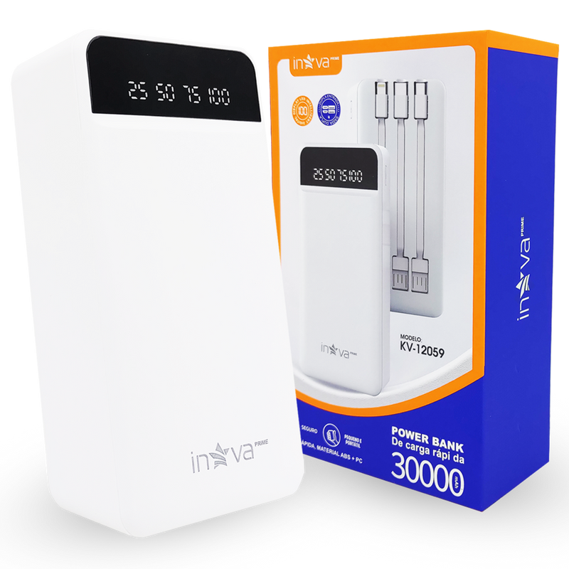 Power Bank Carregador Portátil 30000mAh com 3 Cabos (Lightning, Micro-USB e Tipo C) - Inova KV-12059