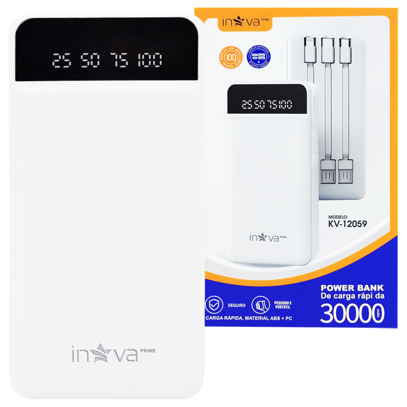 Power Bank Carregador Portátil 30000mAh com 3 Cabos (Lightning, Micro-USB e Tipo C) - Inova KV-12059