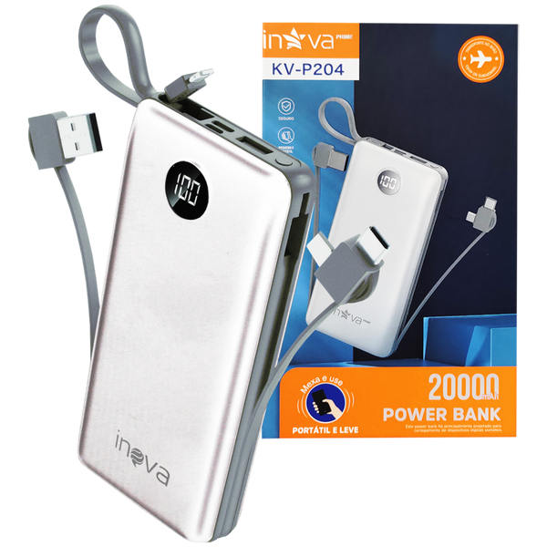 Carregador Portátil Power Bank 20000mAh com 3 Cabos (Lightning, Micro-USB e USB-C) Branco - Inova KV-P204