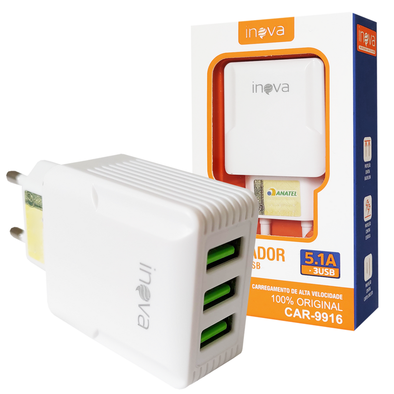 Fonte Carregador Rápido 5.1A 3 Portas USB Branca - Inova CAR-9916F