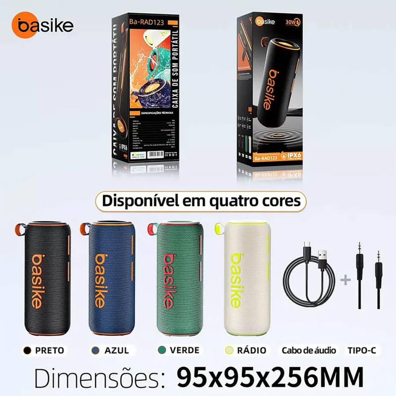 Caixa de Som Bluetooth 30W Alto-Falante Grave Potente Preto - Basike BA-RAD-123