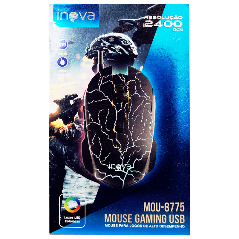 Mouse Gamer Com Fio USB 2400DPI LED 6 Botões para Jogos - Inova MOU-8775
