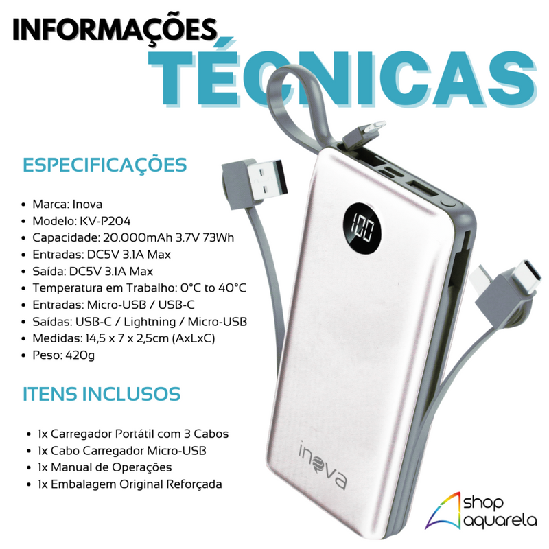 Carregador Portátil Power Bank 20000mAh com 3 Cabos (Lightning, Micro-USB e USB-C) Branco - Inova KV-P204