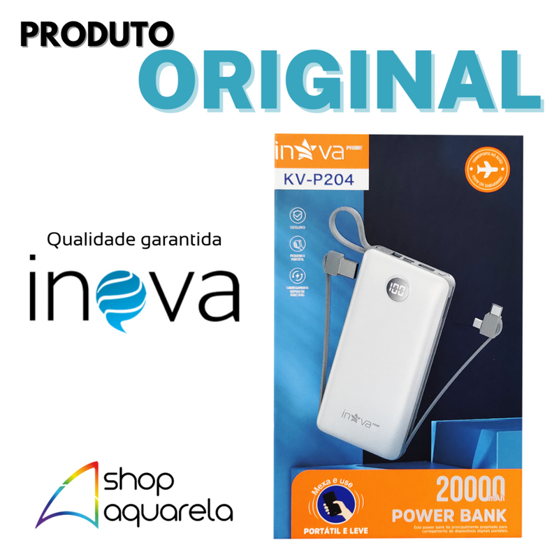 Carregador Portátil Power Bank 20000mAh com 3 Cabos (Lightning, Micro-USB e USB-C) Branco - Inova KV-P204