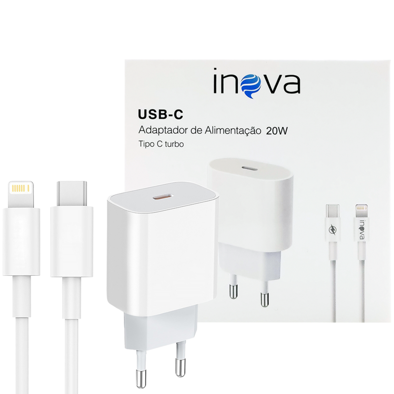 Fonte Carregador Turbo 20W USB-C Tipo C + Cabo para iPhone - Inova CAR-0094-TZ