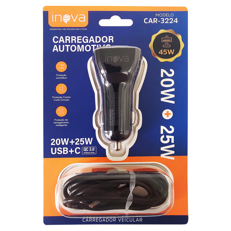 Carregador Veicular Turbo 45W 2 Saídas + Cabo para iPhone Preto - Inova CAR-3224A