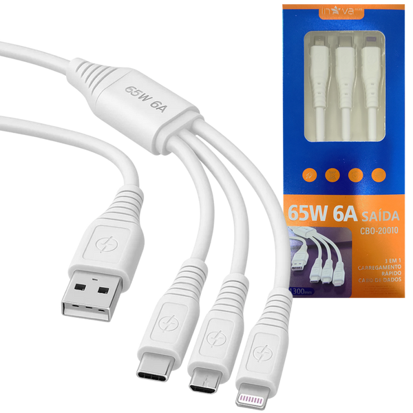Cabo Carregador 65W Turbo 3 em 1 (USB-C, Micro-USB e Lightning) - Inova CBO-20010