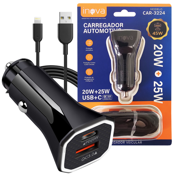 Carregador Veicular Turbo 45W 2 Saídas + Cabo para iPhone Preto - Inova CAR-3224A