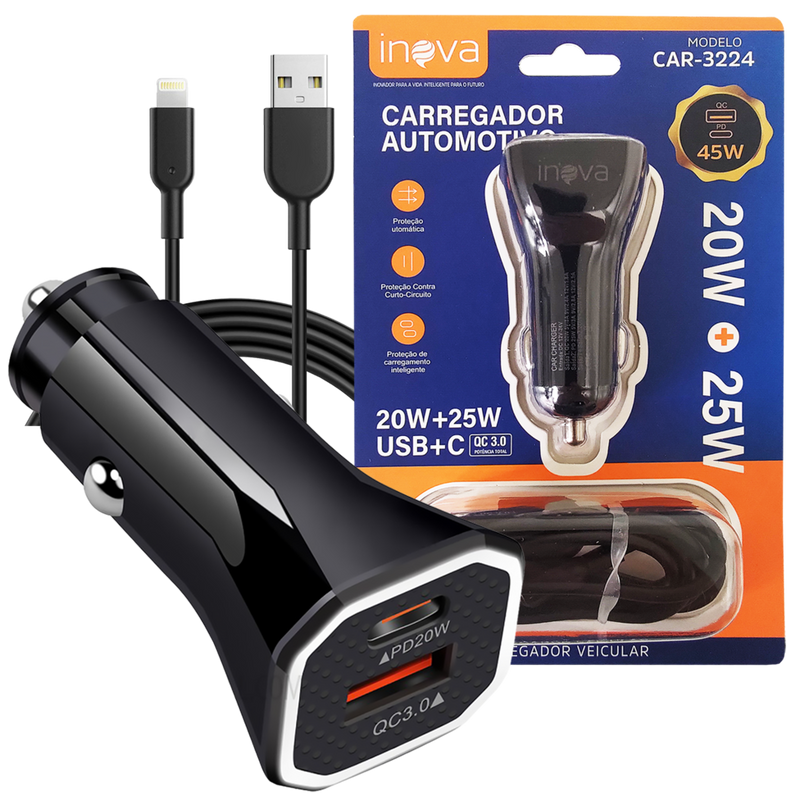 Carregador Veicular Turbo 45W 2 Saídas + Cabo para iPhone Preto - Inova CAR-3224A