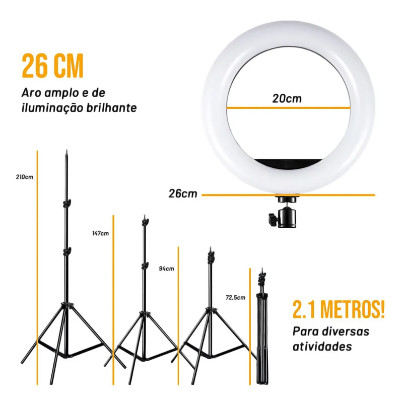 Ring Light LED 12 Polegadas + Tripé 2,1 Metros com Suporte de Celular - 9H A1201